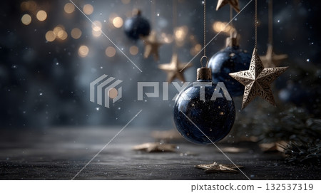 Christmas scene golden-yellow stars and soft white orbs 132537319