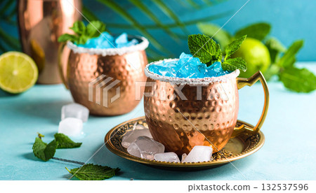 Blue Lagoon Cocktail Copper Cup. Drinks concept. Generated Image 132537596