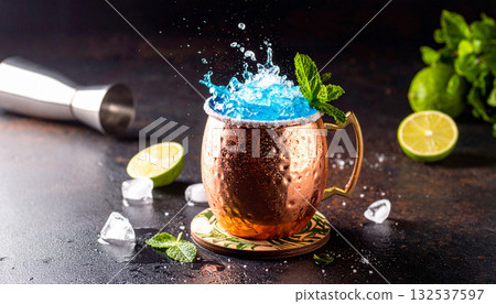 Blue Lagoon Cocktail Copper Cup. Drinks concept. Generated Image 132537597