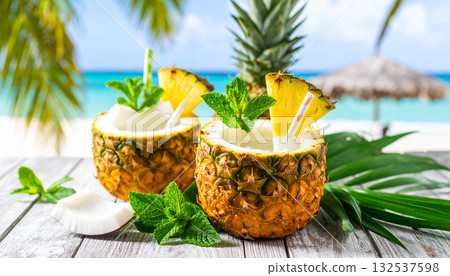 Tropical Coconut Water Pineapple . Drinks concept. Generated Image Tropical Coconut Water Pineapple . Drinks concept. Generated Image 132537598