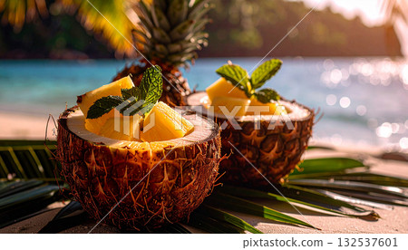Tropical Coconut Water Pineapple . Drinks concept. Generated Image Tropical Coconut Water Pineapple . Drinks concept. Generated Image 132537601