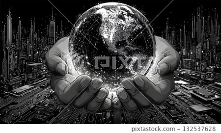 An illustration of two hands holding a digital globe floating above a city 132537628