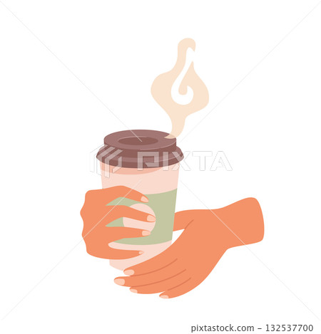 Woman hands holding coffee. Hot drink for breakfast, break, meeting in plastic glass. Cartoon vector illustration isolated on white background 132537700