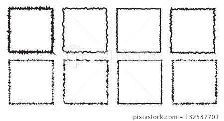 Torn paper black frames with rough edges vector set. Square silhouettes with ripped jagged borders on white background. Vintage grunge boxes for text, banner, sticker design. Retro photo objects 132537701