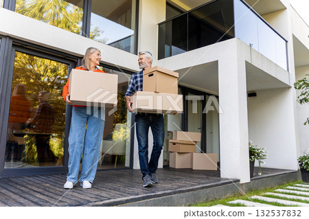 Senior couple enjoying moving day carrying boxes 132537832