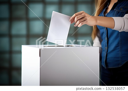 Civic Duty Close-Up of Woman Putting Voting Paper into Ballot Box, Embracing the Essence of Democracy in an Election Concept. created with Generative AI Civic Duty Close-Up of Woman Putting Voting Paper into Ballot Box, Embracing the Essence of Democracy in an Election Concept. created with Generative AI 132538057