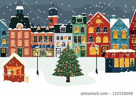 Winter christmas landscape with snowy houses. Winter city Winter christmas landscape with snowy houses. Winter city 132538099