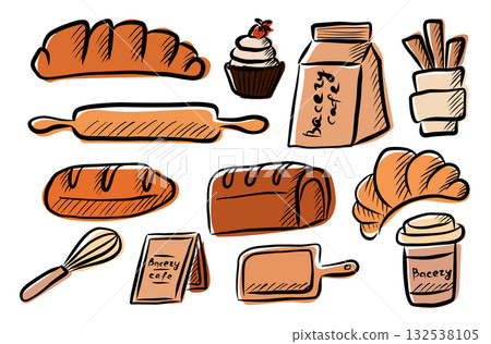 Bakery hand drawn color set with bread and pastry items 132538105