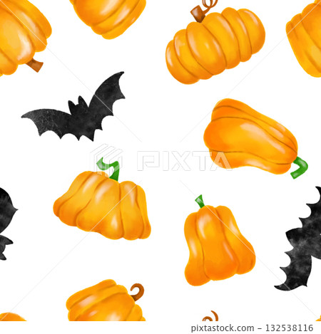 Hand-drawn pumpkin and bat watercolor pattern material 132538116