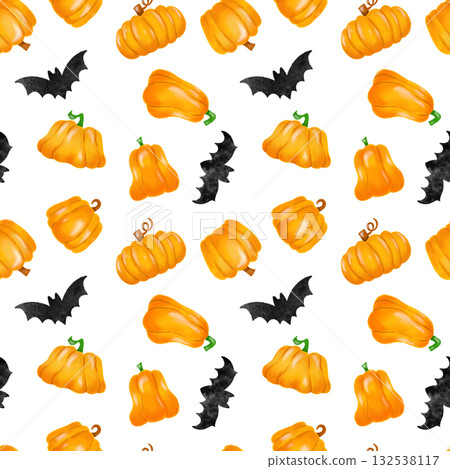 Hand-drawn pumpkin and bat watercolor pattern material 132538117