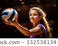 Dynamic Serve Beautiful Woman Volleyball Player Stands Poised and Ready, Combining Strength and Grace for a Powerful Game. created with Generative AI 132538134