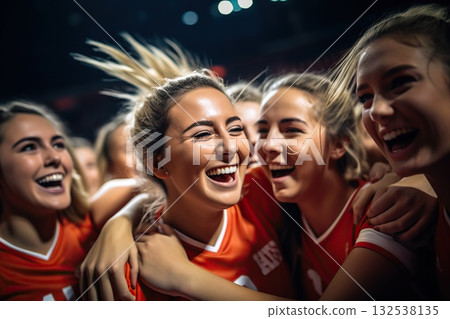 Triumphant Unity Women Team Volleyball Players Erupt in Excitement of Victory, Celebrating a Collective Triumph on the Court. created with Generative AI 132538135
