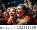 Triumphant Unity Women Team Volleyball Players Erupt in Excitement of Victory, Celebrating a Collective Triumph on the Court. created with Generative AI 132538136
