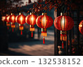 Illuminated Wishes Chinese Red Lanterns on New Year's Night Create a Magical Ambiance, Signifying Hope and Celebration in Tradition. created with Generative AI 132538152