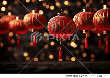 Illuminated Wishes Chinese Red Lanterns on New Year's Night Create a Magical Ambiance, Signifying Hope and Celebration in Tradition. created with Generative AI 132538156
