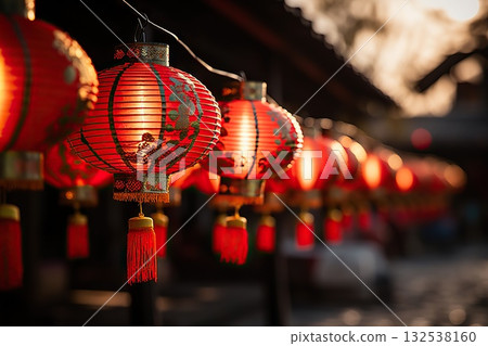 Illuminated Wishes Chinese Red Lanterns on New Year's Night Create a Magical Ambiance, Signifying Hope and Celebration in Tradition. created with Generative AI 132538160