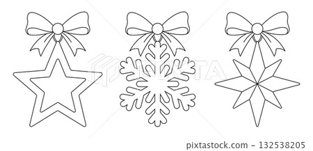 Star and Snowflake hanging decorations with bows, isolated on a clean background. Coloring template for holiday door hanger, Christmas window cling, seasonal garland, and winter art therapy activity Star and Snowflake hanging decorations with bows, isolated on a clean background. Coloring template for holiday door hanger, Christmas window cling, seasonal garland, and winter art therapy activity 132538205