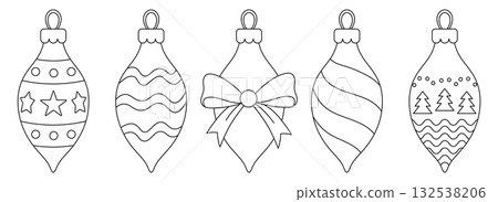 Icicle elongated Christmas tree decoration with decorative patterns. Coloring Page Set for holiday crafts, classroom activity, advent calendar, DIY gift tags, and festive printable decorations. Vector 132538206