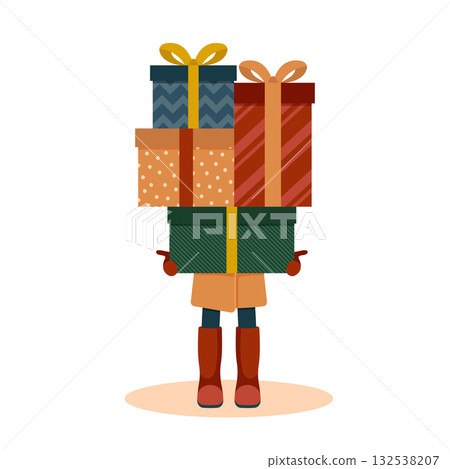 Young woman holding many colorful gift boxes. Vector illustration in flat cartoon style. Young woman holding many colorful gift boxes. Vector illustration in flat cartoon style. 132538207