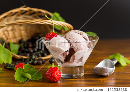 Refreshing berry ice cream on wooden background 132538388