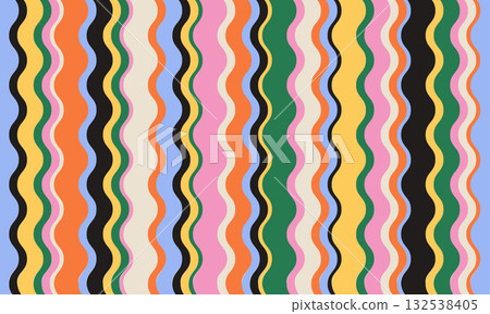 Groovy colorful background in retro 60-70s style. Abstract funky wavy design template Groovy colorful background in retro 60-70s style. Abstract funky wavy design template 132538405