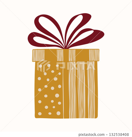 Hand drawn gift box with red bow. Present for Christmas, New Year, birthday, holidays. Flat cartoon clipart isolated on background Hand drawn gift box with red bow. Present for Christmas, New Year, birthday, holidays. Flat cartoon clipart isolated on background 132538408