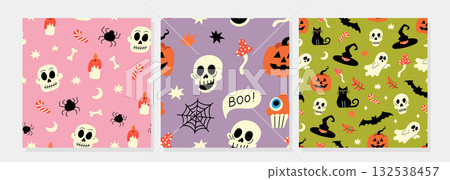 Halloween seamless pattern set with skulls pumpkins and ghosts Halloween seamless pattern set with skulls pumpkins and ghosts 132538457