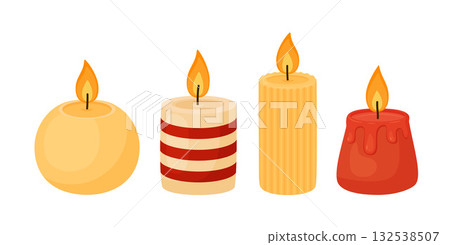 Burning candles set. Different wax candles. Hand drawn flat style isolated Burning candles set. Different wax candles. Hand drawn flat style isolated 132538507