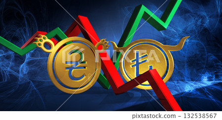 bullish try to bearish uah currency. foreign exchange market 3d illustration of turkish lira to ukrainian hryvnia. money as golden coins. blue background of financial stock market with chart bullish try to bearish uah currency. foreign exchange market 3d illustration of turkish lira to ukrainian hryvnia. money as golden coins. blue background of financial stock market with chart 132538567
