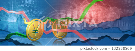 bullish jpy destroy bearish rub. foreign exchange market 3d illustration of japanese yen to russian bubble. currency represented as golden coins. blue background of financial stock market with chart 132538569