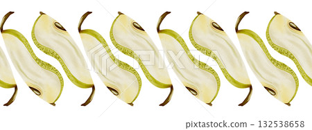 Watercolor endless horizontal border featuring vibrant pears. Hand drawn fruit border. Ideal for food packaging, textile prints, kitchen linens, recipe cards, and fresh produce branding. Watercolor endless horizontal border featuring vibrant pears. Hand drawn fruit border. Ideal for food packaging, textile prints, kitchen linens, recipe cards, and fresh produce branding. 132538658