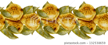 Hand drawn watercolor seamless border featuring cut pears, white flowers, and green leaves. Excellent for food packaging, Wedding, recipe book design, textile prints, organic product branding. 132538659