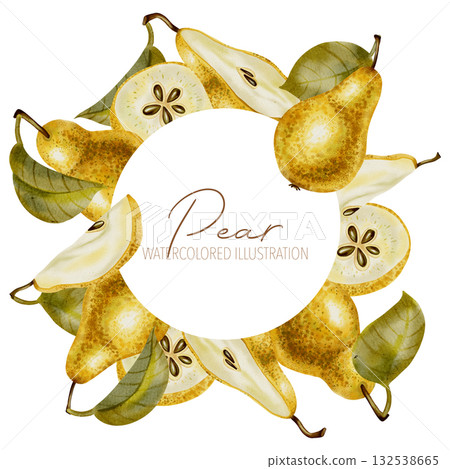 Watercolor circular wreath featuring pears. Fruit wreath. Perfect as an organic frame or logo for food packaging, textile prints, eco-friendly stationery, and kitchen decor 132538665