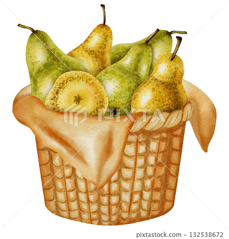 Hand painted watercolor illustration of a woven basket filled with various whole and sliced green and yellow pears. Perfect for harvest festival design, packaging, and rustic decor 132538672