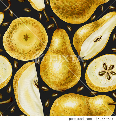 Hand painted watercolor seamless pattern with various pear slices, halves, and whole fruits. Ideal for food packaging, textile, menu backgrounds, and modern design Hand painted watercolor seamless pattern with various pear slices, halves, and whole fruits. Ideal for food packaging, textile, menu backgrounds, and modern design 132538683
