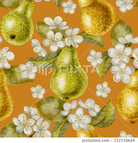 Seamless hand-drawn watercolor pattern featuring pears and delicate white flowers and leaves. Perfect for packaging, textiles, wallpaper, and fabric printing Seamless hand-drawn watercolor pattern featuring pears and delicate white flowers and leaves. Perfect for packaging, textiles, wallpaper, and fabric printing 132538684