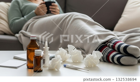 Sick person lying in bed surrounded by tissues and medicine 132538694
