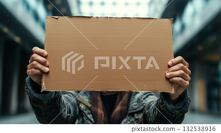 一名男子舉著一塊紙板標語牌 一名男子舉著一塊紙板標語牌 132538916