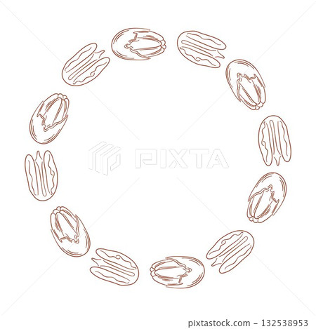 Circular frame with Pecan nut isolated on a white background in line art style. Healthy food and organic snacks for packaging and card. Circular frame with Pecan nut isolated on a white background in line art style. Healthy food and organic snacks for packaging and card. 132538953