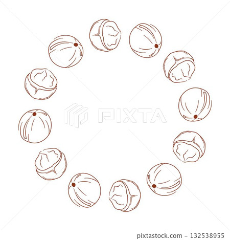 Circular wreath with macadamia and kernel on a white background in line art style. Circular wreath with macadamia and kernel on a white background in line art style. 132538955