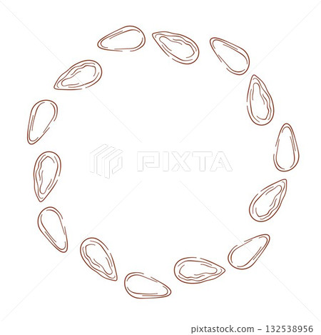 Circular frame with almond isolated on a white background. Design for food, grocery package store in line art style. Circular frame with almond isolated on a white background. Design for food, grocery package store in line art style. 132538956