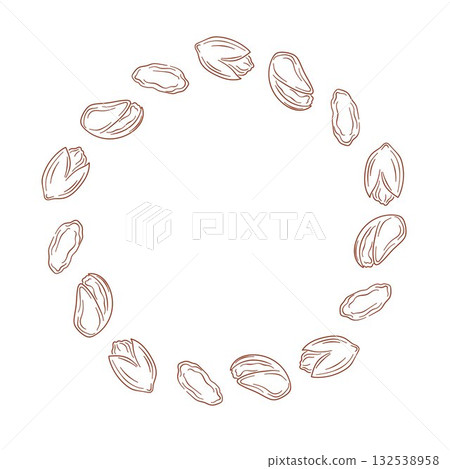 Circular frame with pistachio nut and kernel isolated on a white background in line art style. Organic food, healthy eating and natural snacks for package and flyer. Circular frame with pistachio nut and kernel isolated on a white background in line art style. Organic food, healthy eating and natural snacks for package and flyer. 132538958