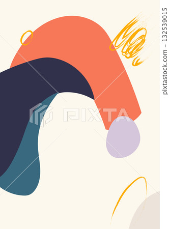Bold curved abstract forms in coral, navy, teal, and yellow with playful brush accents 132539015