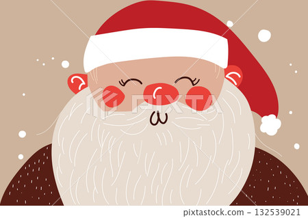 Close-up of a cheerful Santa Claus face with rosy cheeks, white beard, and red hat. Close-up of a cheerful Santa Claus face with rosy cheeks, white beard, and red hat. 132539021
