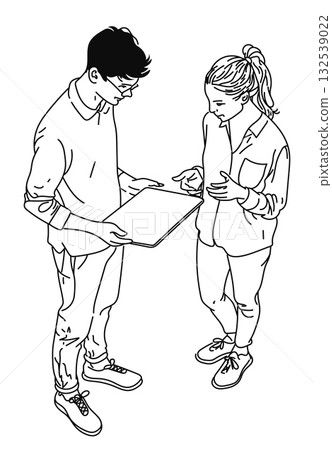 Detailed line drawing of a man and woman standing and looking at a document together. Detailed line drawing of a man and woman standing and looking at a document together. 132539022