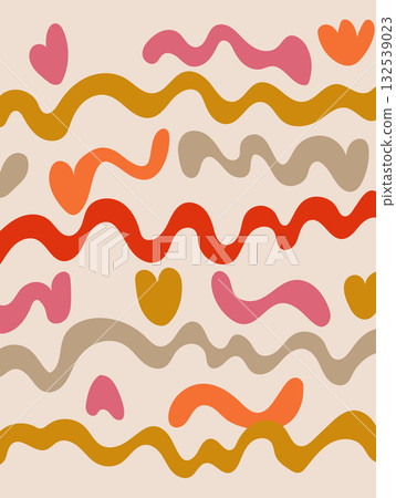 Colorful abstract waves in red, pink, beige, and yellow with various heart shapes. 132539023