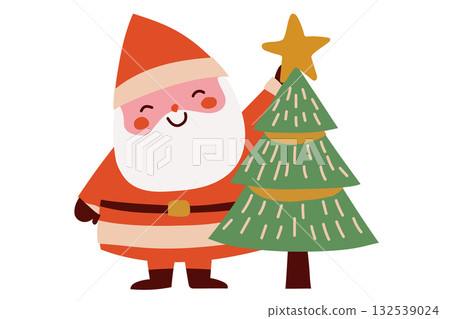 Smiling Santa Claus standing beside a Christmas tree and holding a golden star. 132539024