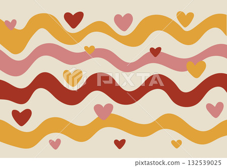 Horizontal wavy lines in warm colors with small scattered hearts on a beige background. 132539025