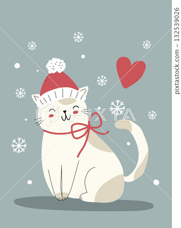 Smiling white cat in a red Santa hat with a red bow, surrounded by snowflakes and a heart. 132539026