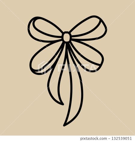 Simple black outline of a decorative bow with long flowing ribbons on a beige background. 132539051